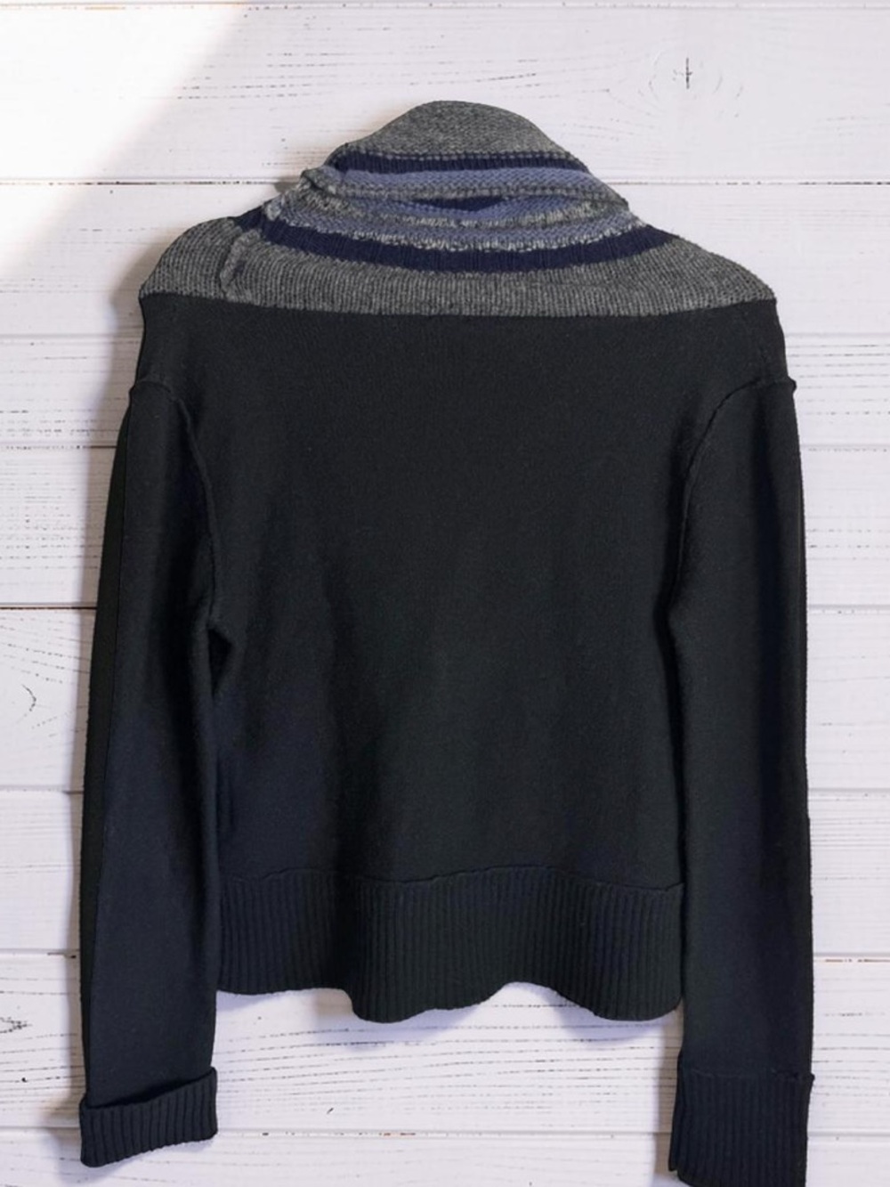 Free People "Faux Scarf" Zip-Up Wool Sweater Jacket – Black/Gray/Blue – Size S - Picture 4 of 11
